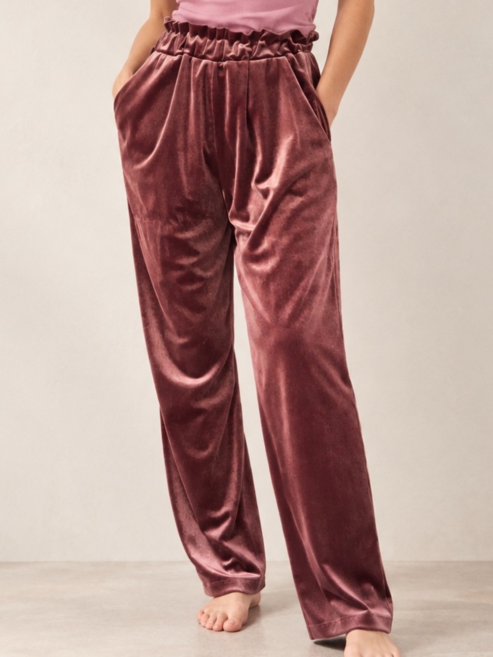 Treasure Bond Burgandy Velvet Pull On Paper Bag Waist Wide Leg Pants Sz Small